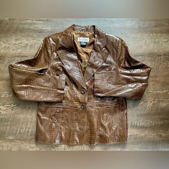 BRADLEY BAYOU brown leather coat shiny crocodile embossed Y2K Glam vintage sz L - Picture 8 of 14